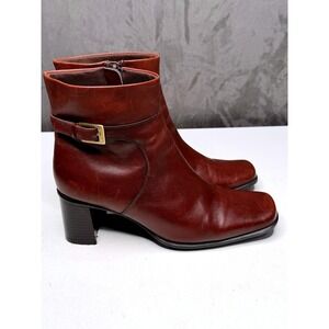Vtg Y2K Villager Ankle Boots Womens 8 Brown Leather Square Toe Block Heel Buckle